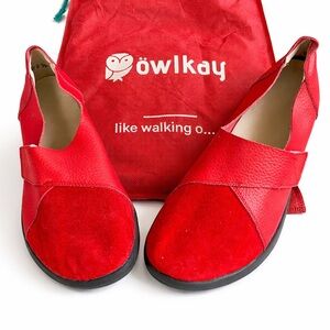OwlKay Red Leather Slip-On Shoes Women’s Comfort Flats Suede Toe Casual Walking